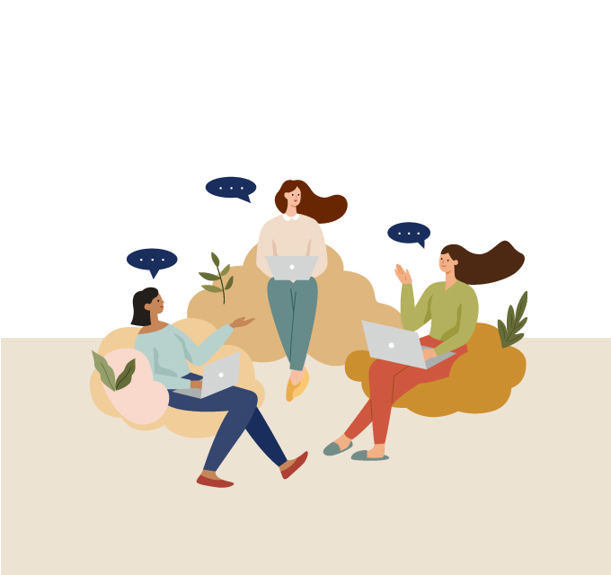 Illustration von drei Personen, die auf gemütlichen Sitzsäcken mit Laptops sitzen und sich unterhalten. Über ihren Köpfen sind Sprechblasen mit Punkten dargestellt, die eine Unterhaltung symbolisieren. Die Szene ist modern und entspannt gestaltet, mit Zimmerpflanzen zur Dekoration.